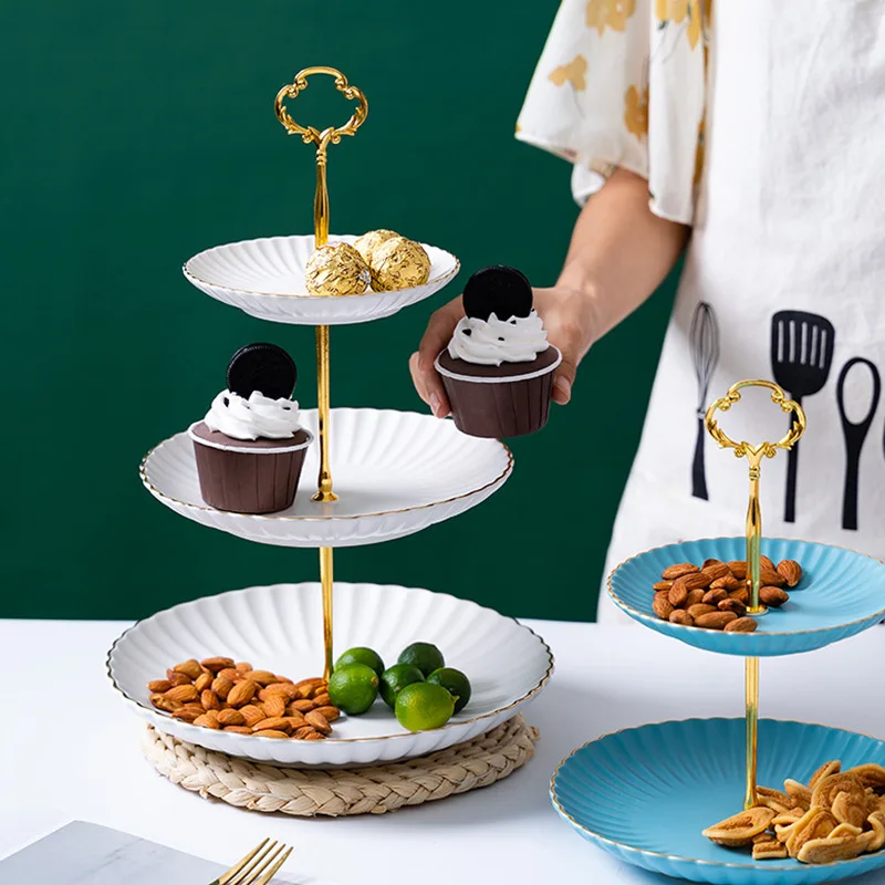 creative 2-3 tiers flower round plate cake stand with golden rim ceramic plate melamine plates set dinnerware