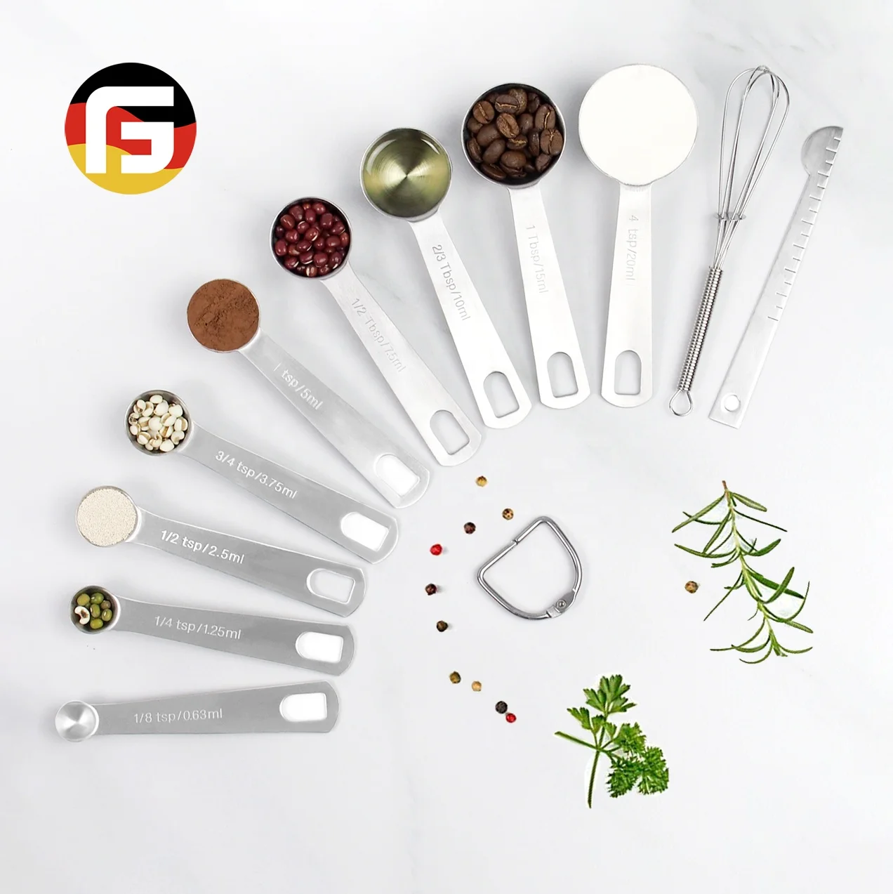 Nesting set of 8 Stainless Steel Measuring Spoons with Egg Whisk and Measuring Ruler Scrape