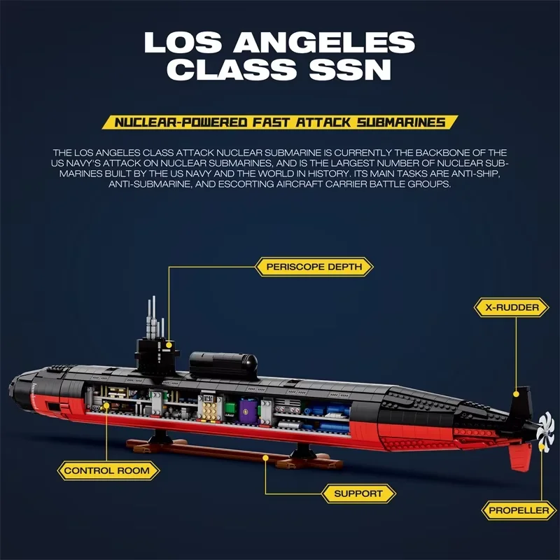 2024 educational toys MOC Military Equipment Series Los Angeles-class SSN 1:125 Battleship Nuclear Submarine Building Block set