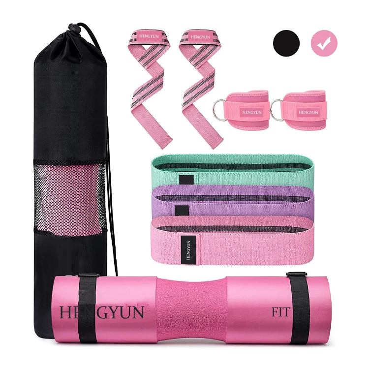 9Pcs Barbell Pad Set 2 Gym Ankle Safety Straps 3 Hip Resistance Bands 2 Lifting Strap Barbell Pad