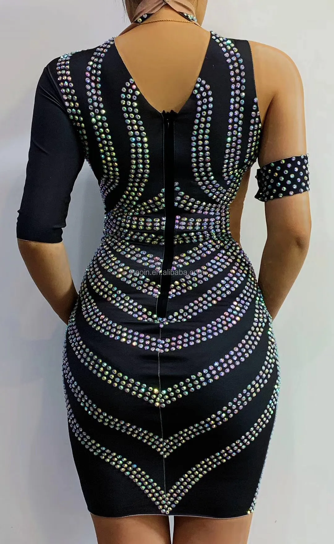 Women Sexy Stage Shining Sliver Rhinestone Dress Birthday Prom Celebrate Long Sleeves Dress Evening Dance Stretch Costume