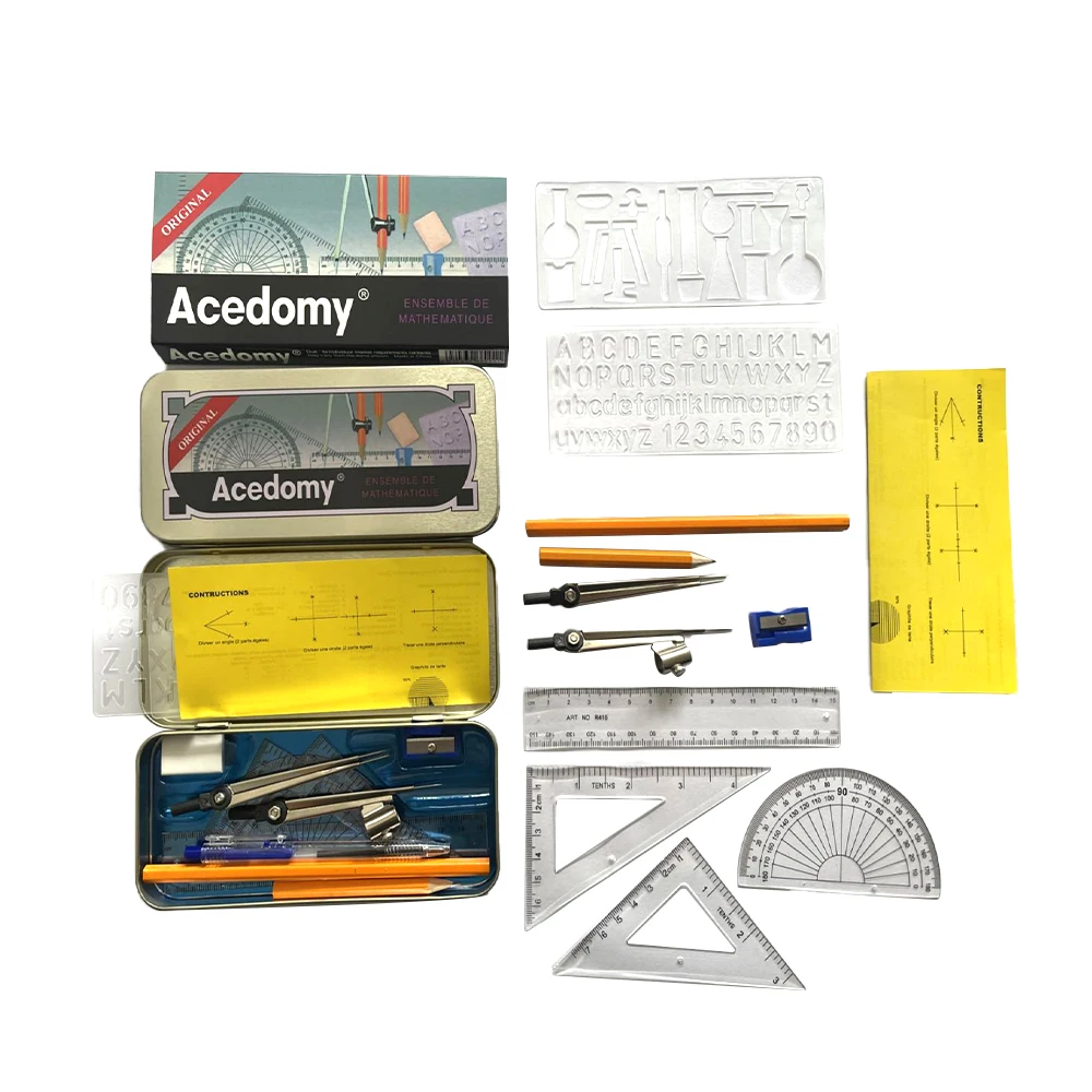 12 PCS Compass Math Set Iron Box Instruments Mathematical Ruler Geometry Set For Geometry Box