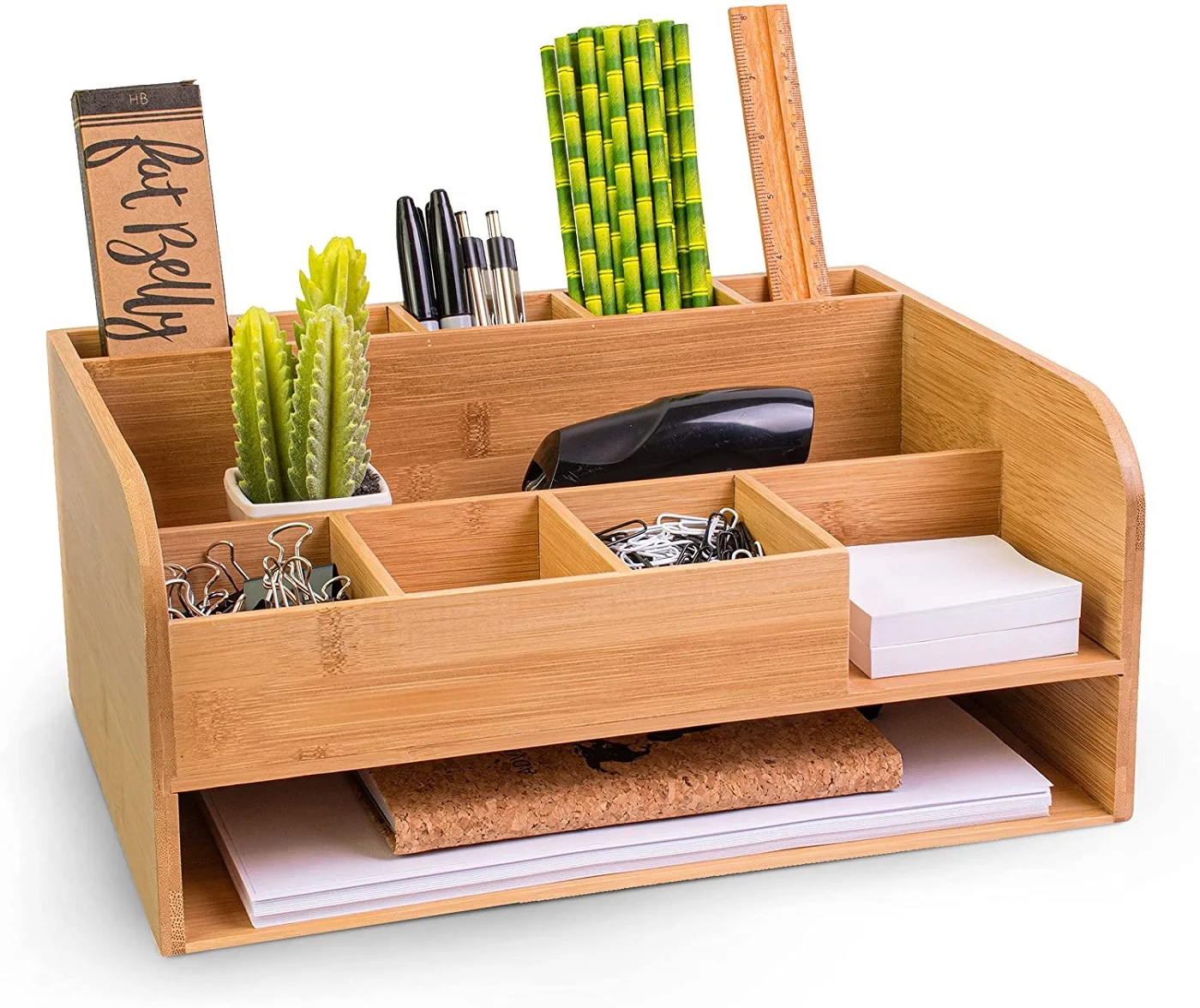 Bamboo Desk Organizer Stationery Office File Sorter with Drawer Pen Holder (1600338240679)