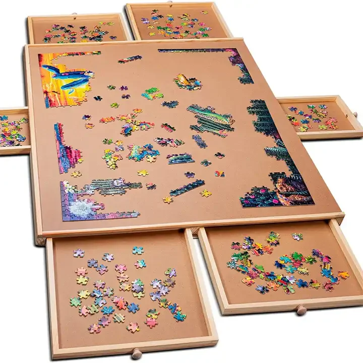 Portable Wooden Jigsaw Puzzle Board for Kids and Adults 3D Educational Toy with 6 Drawers DIY Logo-for Game Play