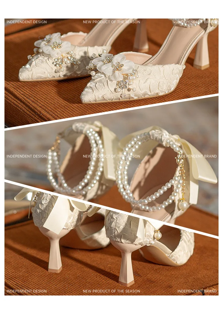 High Heel Wedding Shoes for Women High Quality Handmade Sandals Pearl Bowknot Bridal Shoes Hollow Out Bridesmaid Shoes