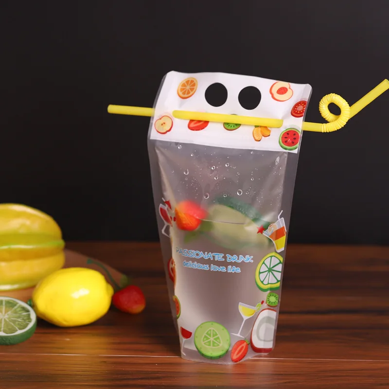 Biodegradable transparent hand-held ziplock plastic juice drink bag with straw