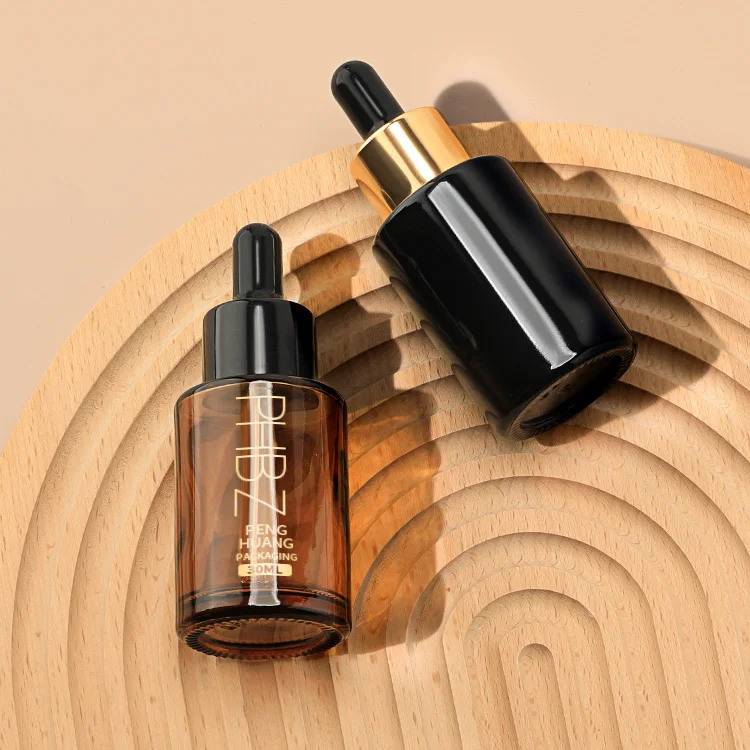 Custom amber black glass serum bottle 1oz 30ml skincare packaging face essential hair oil moisture dropper bottles cosmetic