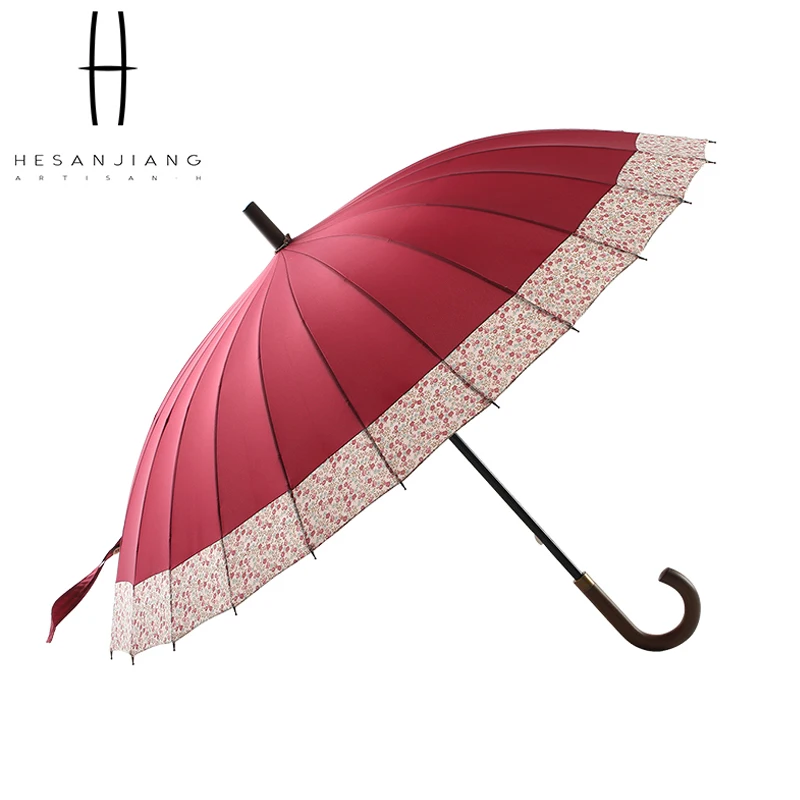 24K large green long gift umbrella manual open wooden hook handle straight umbrella with custom logo