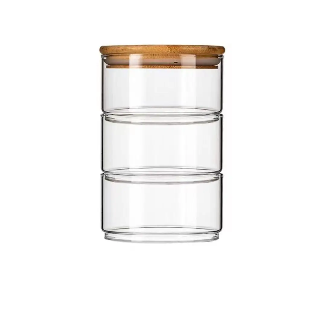 High Borosilicate Glass Multi-Layer Bamboo Cover Storage Jar Stackable Storage Tank Fruit And Vegetable Creative Salad Bowl