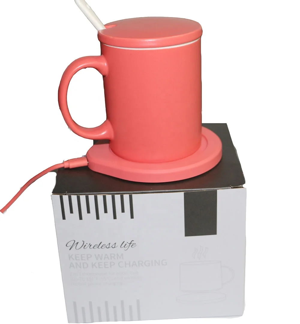2021 New portable 55 degree usb plug smart mug warmer set, water baby milk coffee cup ceramic mug warmer with wireless charger