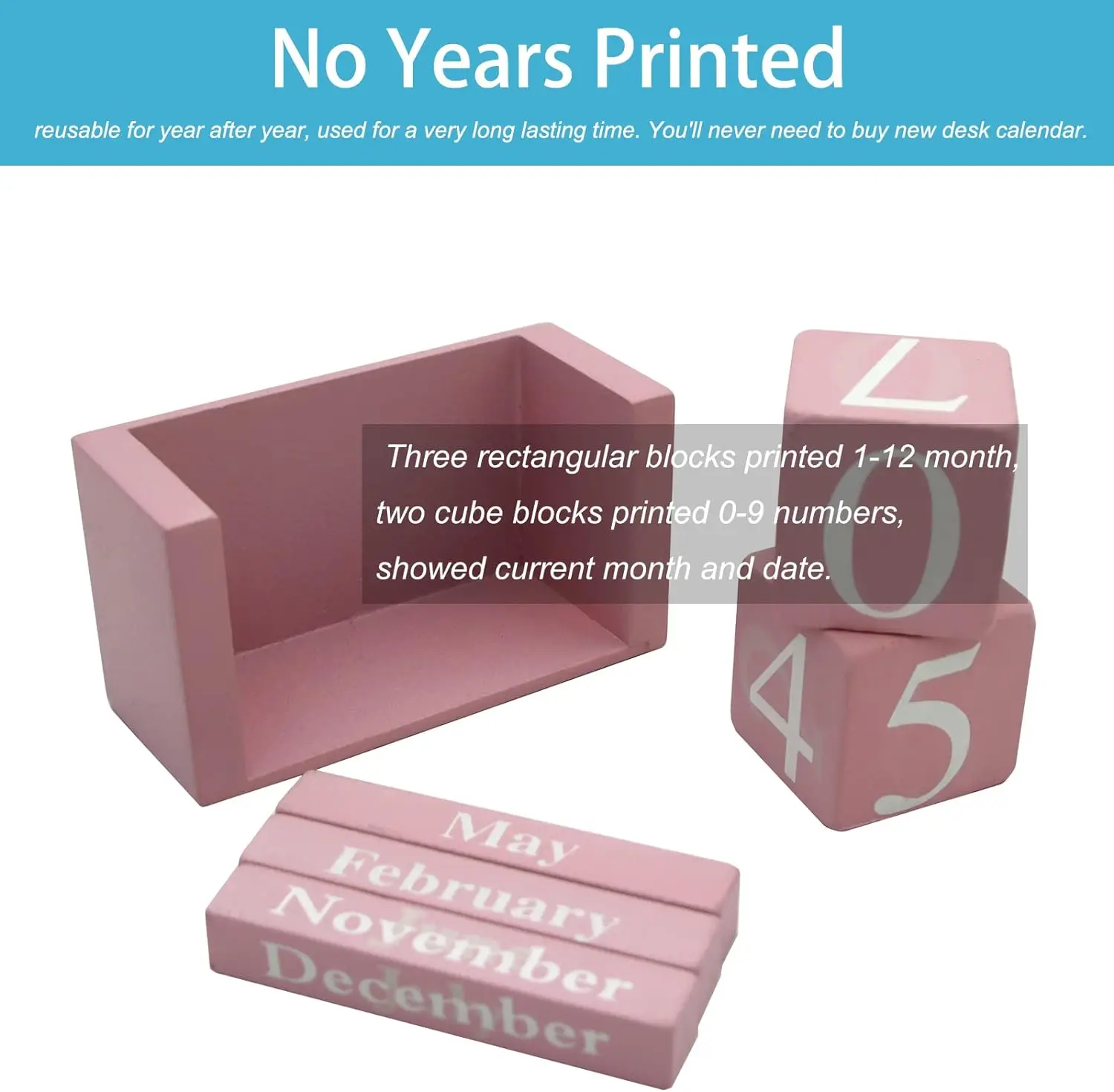 Zhonghuan Brand Wooden Desk Calendar - Pink Office Decor for Women - Perpetual Calendar Block Month Date Display