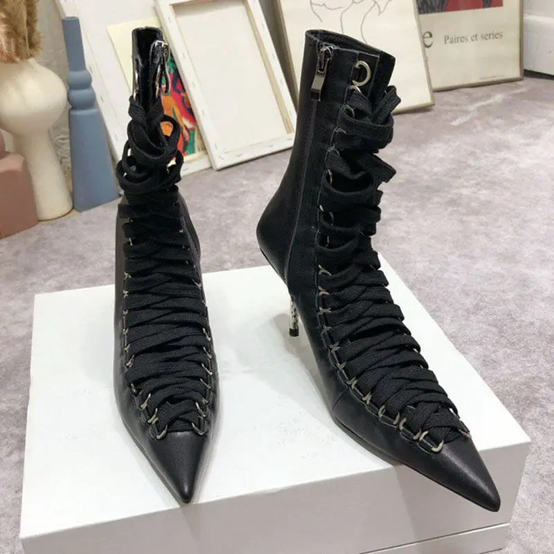 Top Selling Pointed-toe Stiletto Heel Pumps Shoes Women Lace-up Side Zipper Open Back Black Ankle Boots Shoes for Cool Girl