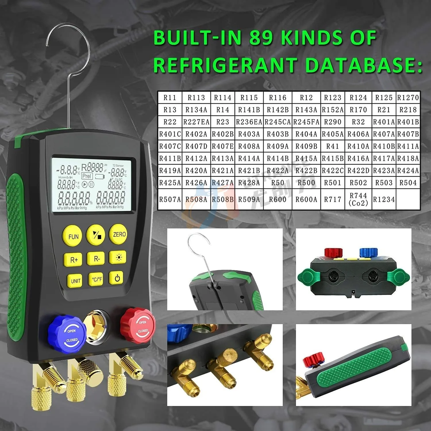 HAVC High quality r410 r1234yf stainless steel digital manifold gauge set refrigeration psi & bar
