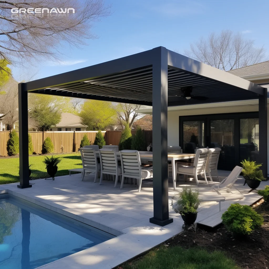 custom four season free standing enclosed waterproof aluminium morden pergola motorized louver with leds lights