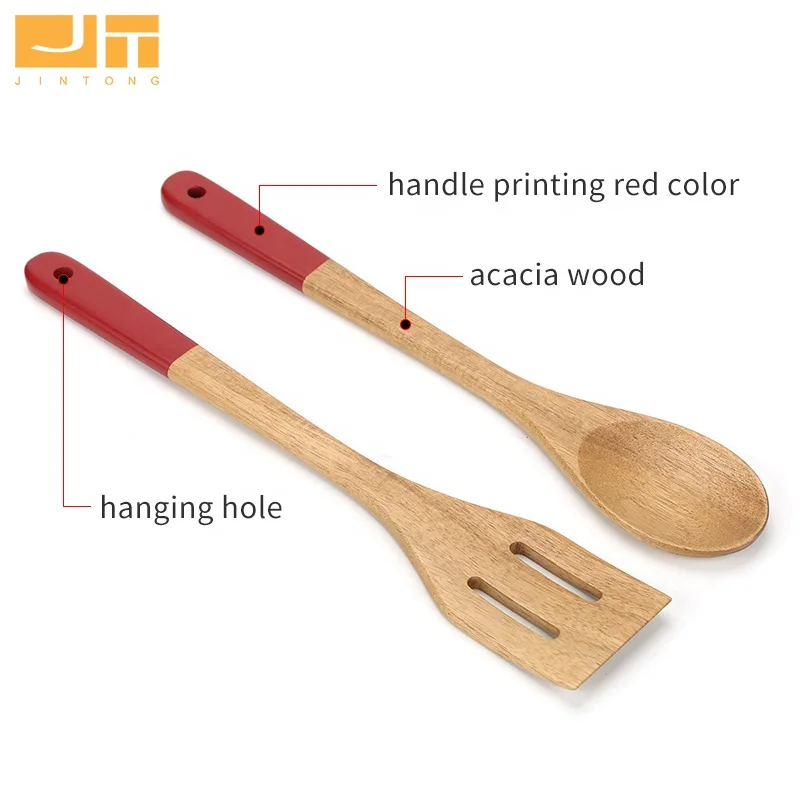 High Quality Acacia Wood Cooking Set 2Pcs Wooden Solid Spoon Slotted Turner Kitchenware With Color Printing Handle Hanging Hole