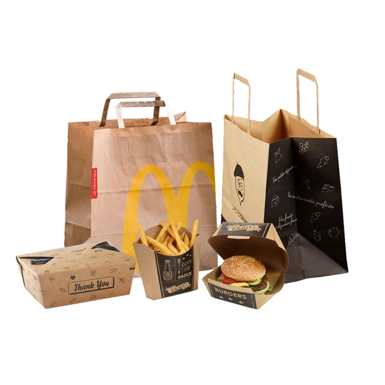Custom Made Eco Friendly Biodegradable Flat Paper Handles Brown Takeaway Fast Food Kraft Paper Bag For Restaurant Packaging