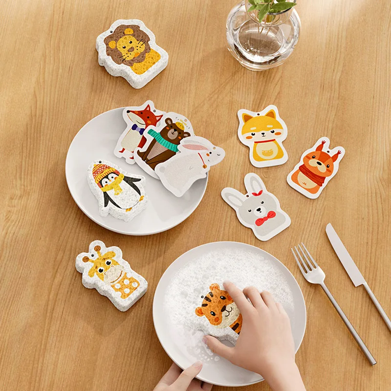 Compressed Wood Pulp Cotton Cartoon Sponge Dishwashing Sponge Absorbent Non-Stick Natural Wood Pulp Sponge Magic