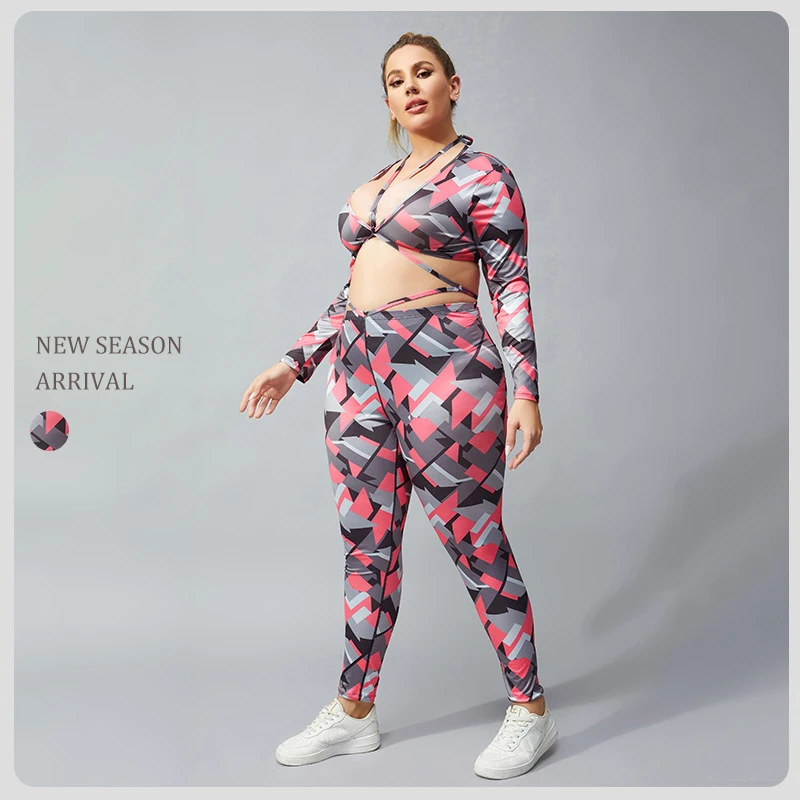 Sexy Xxl Plus Size Two-Piece Quick-Drying Printed Outdoor Sports Tights Suit Gym Seamless Camo Long Sleeve Yoga Clothing Sets