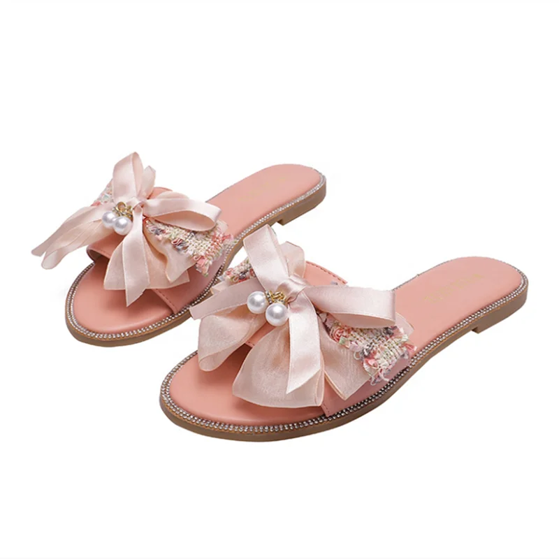Pearl Decoration Bow-tie Cute Slippers for Women Summer Casual Home Outside Beach Slide Shoes Wholesale Sandals Slip On
