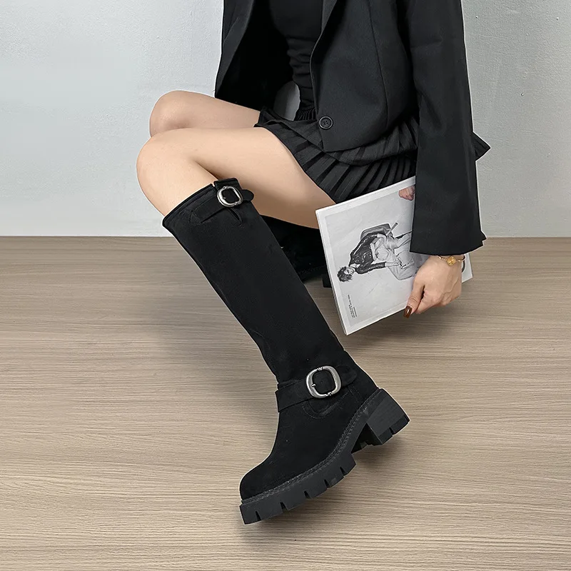 Custom Logo Ladies Knee-High Western Boot Winter Autumn Comfortable Toe Design Vintage Thick Heel PU Insole Solid Velour Fabric