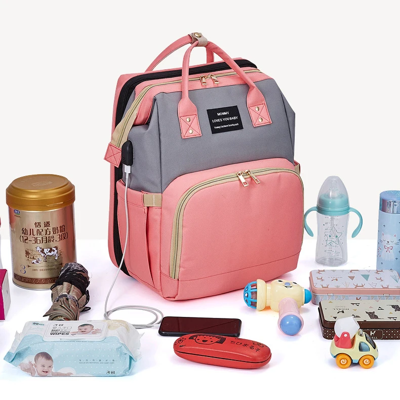 Large capacity foldable Oxford multi function pink grey diaper bag custom with changing station usb