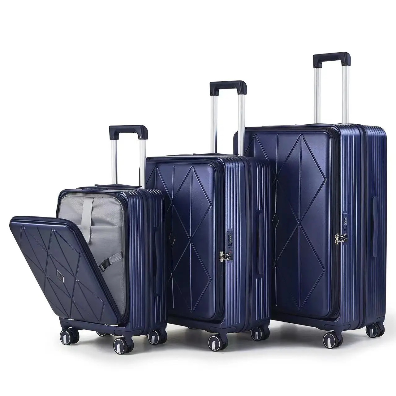 2024 New Arrival Factory Wholesale PC 100% Travel Suitcases Front Opening Trolley Luggage Sets Aluminum Spinner TSA Unisex