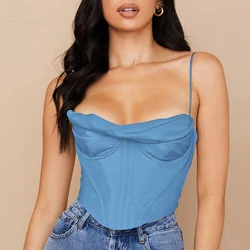 sexy solid color boning strap zipper back padded bralette cami cowl neck crop top corset pink satin top for women