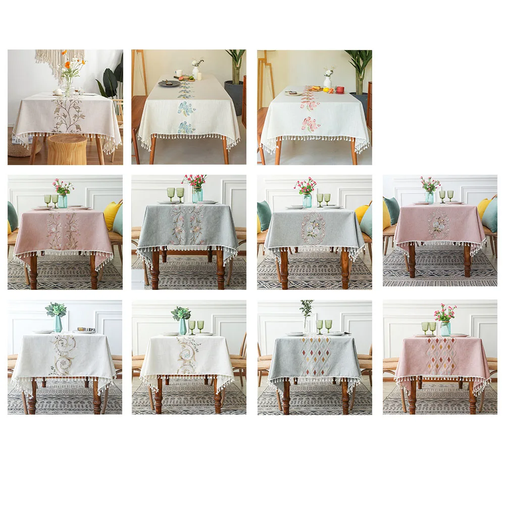 Wedding Table Cloth Embroider Rosette Flower Custom Linen Hand Cotton Red Flower Embroidered Linen Tablecloths Cloth
