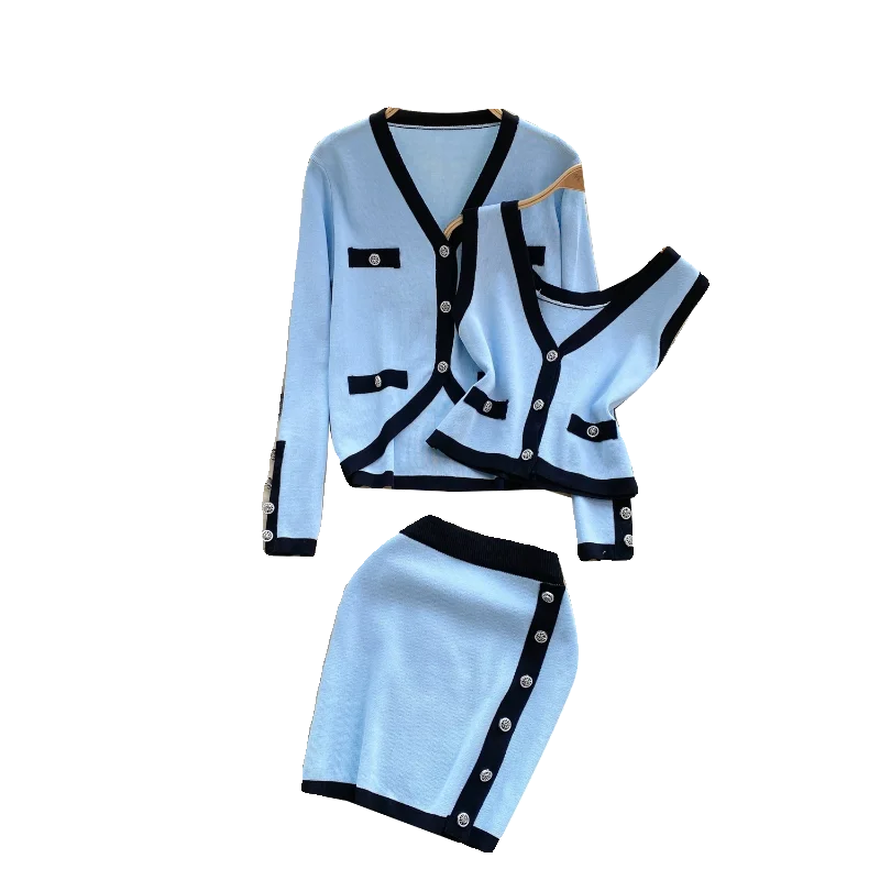 Spring Korean 3 Piece Set For Women Crop Top And Knitted Skirts Set Clothing Wholesale