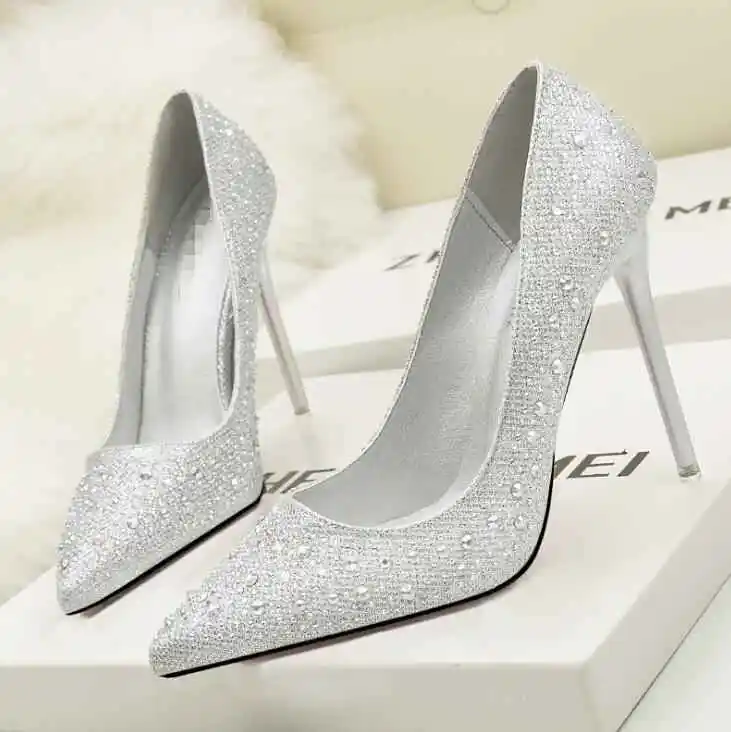 Fashionable, sweet, elegant, high-heeled shallow-mouth, thin, pointed, rhinestone wedding shoes