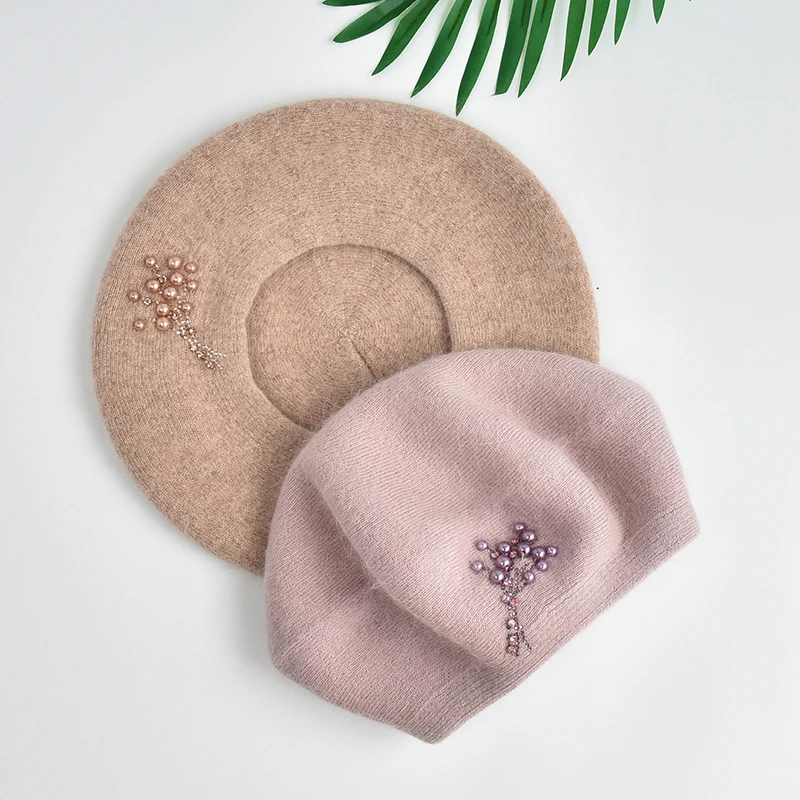 Knit Cashmere Wool Beret Beanie for Women Fashion French Wool Beret Hats with Decoration Custom Elegant Winter Hats