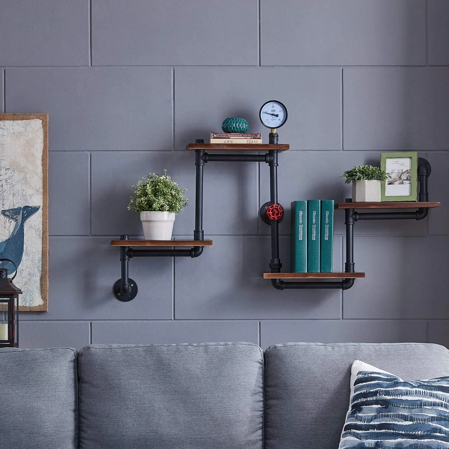Industrial Floating Pipe Wall Shelves - Rustic Wood Shelving - 4 Layer Ladder Hanging Bookshelf