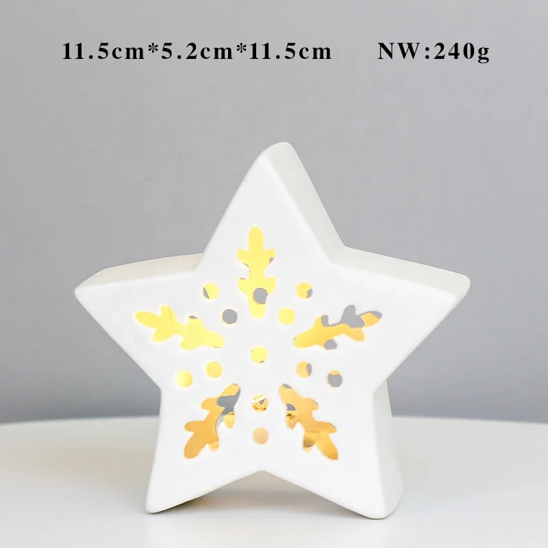 Scandinavian style ceramic pentagram Christmas ornament, LED lights hollow design crafts ceramic decoration