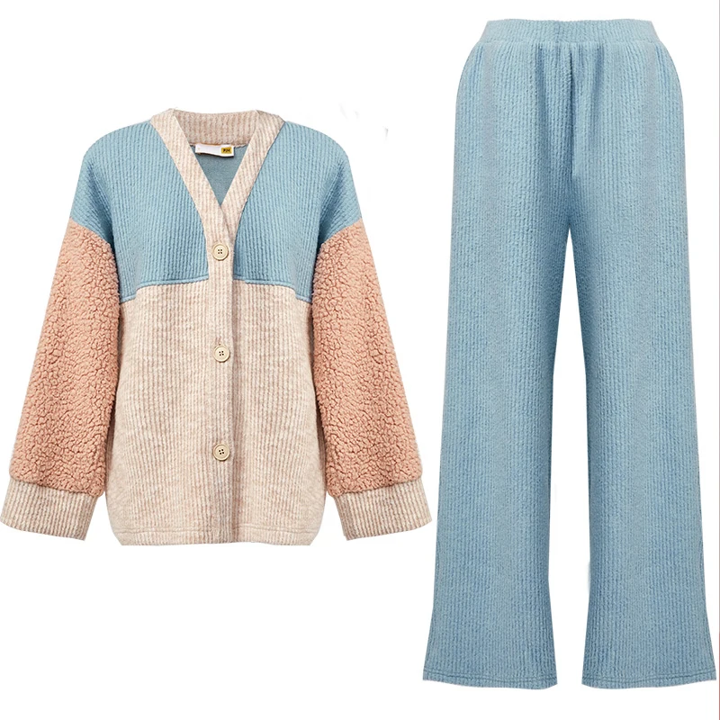 Loose Women Contrast Color Lamb Wool Long Sleeve V Neck Knitted Cardigan And Pants Home Wear 2 Piece Sets