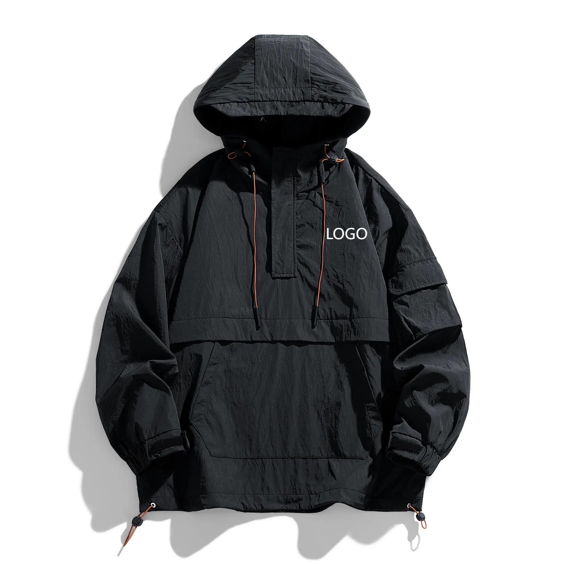 Custom Autumn Nylon Starter Front Pocket Vintage Hood Jacket Light Weight Waterproof Windbreaker Pullover Jacket For Men