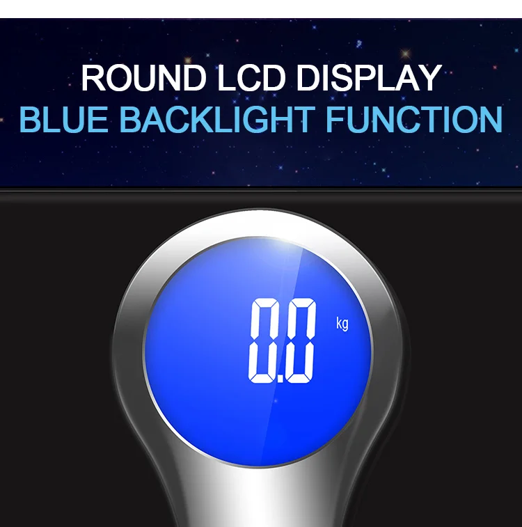 
Backlight function memory 10 persons over load indication Low battery indication body scale bathroom scale 
