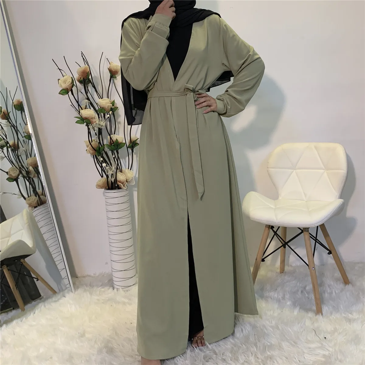 Middle East Muslim New Fashion Lace-Up Dubai Arab Cardigan Abaya Green Color
