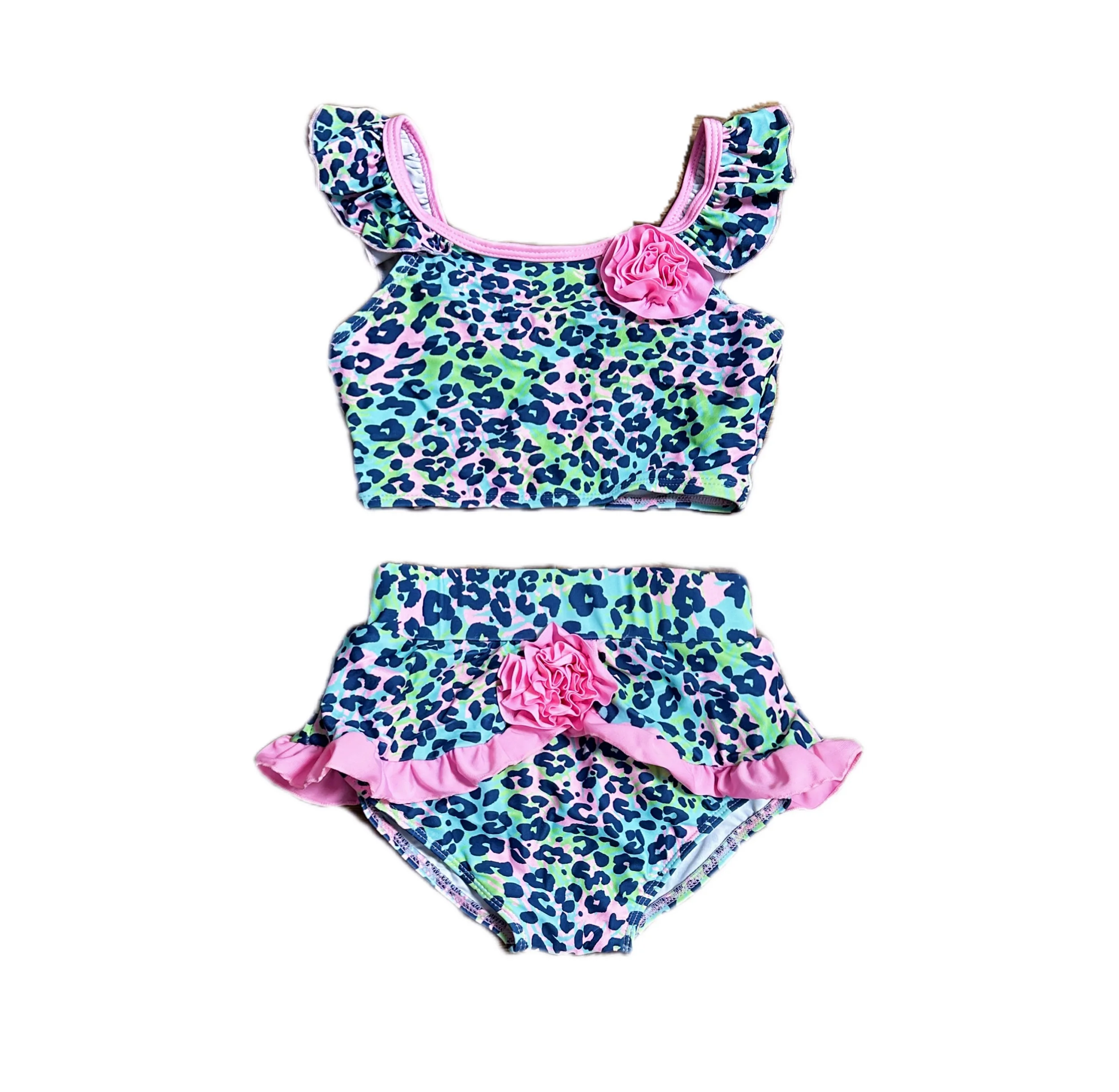 Yhui Hot Girls flowers Swimsuit Kids Baby Ruffles Leopard baby Beachwear Suit Children Swimwear