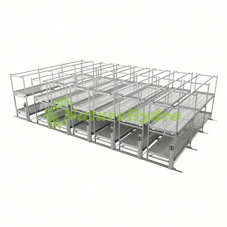 Movable multi level vertical ebb and flow rolling bench rack system with grow tray