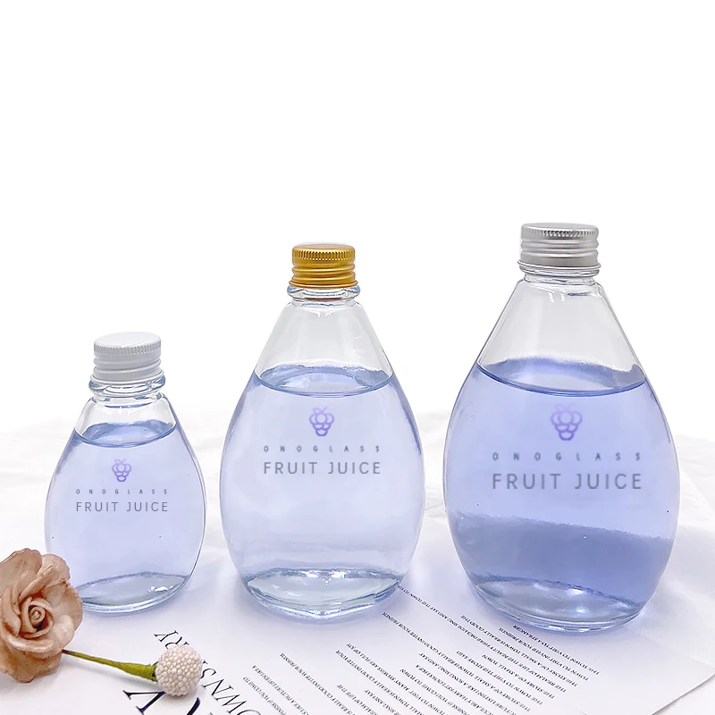 Unique 100ml 300ml 500ml Droplet Shape Clear Empty Fruit Juice Drink Glass Beverage Bottle with Screw Cap