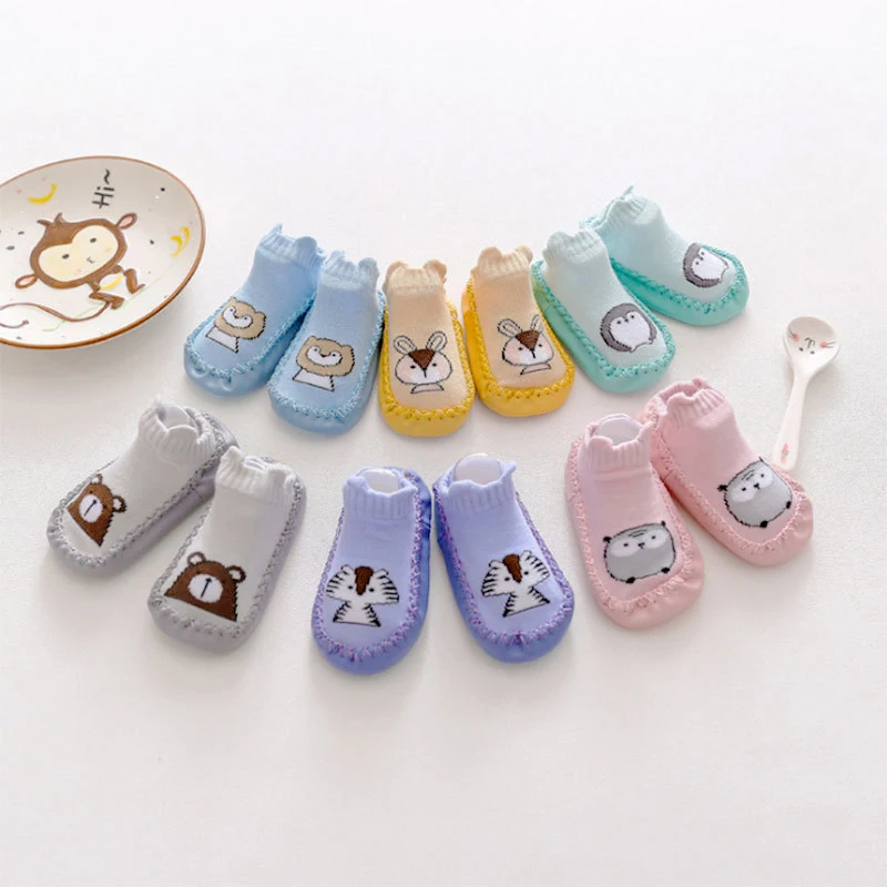 0-2 years old cute cartoon animal soft cotton non-slip floor thick short tube newborn baby shoes socks