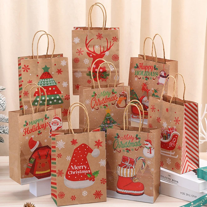 christmas kraft paper bag custom print eco-friendly foldable gift kraft paper bag Christmas kraft paper bag