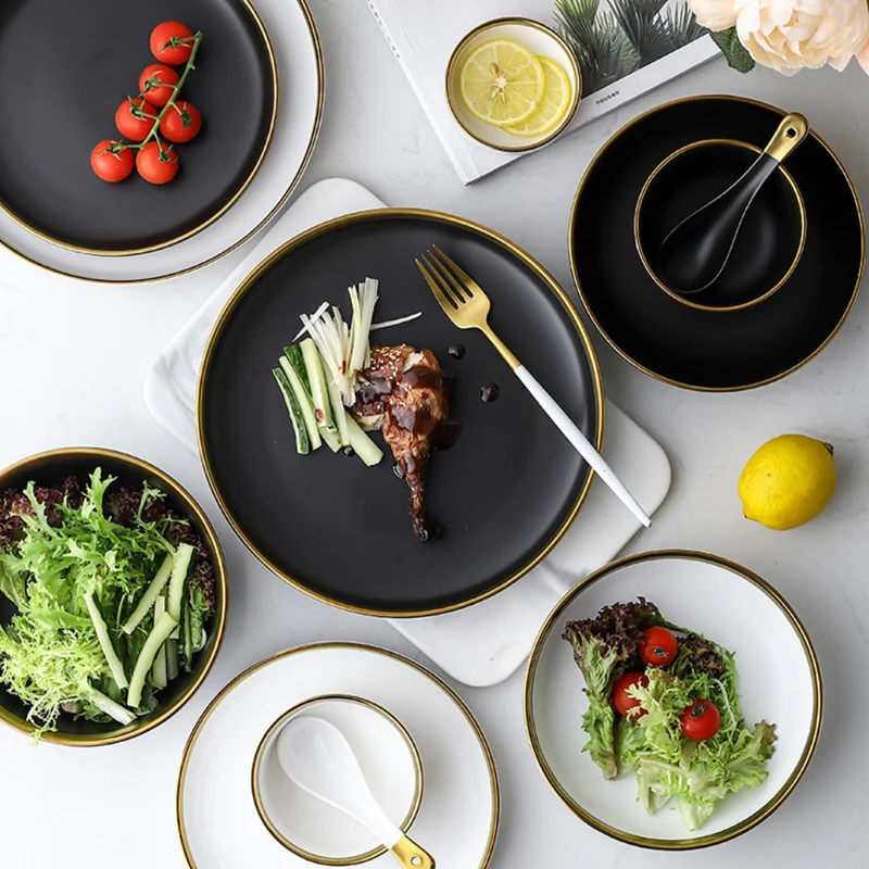 Wholesale Luxury Matte Ceramic Gold Rim Black And White Nordic Style Dinner Sets Bowls Dinner Plate
