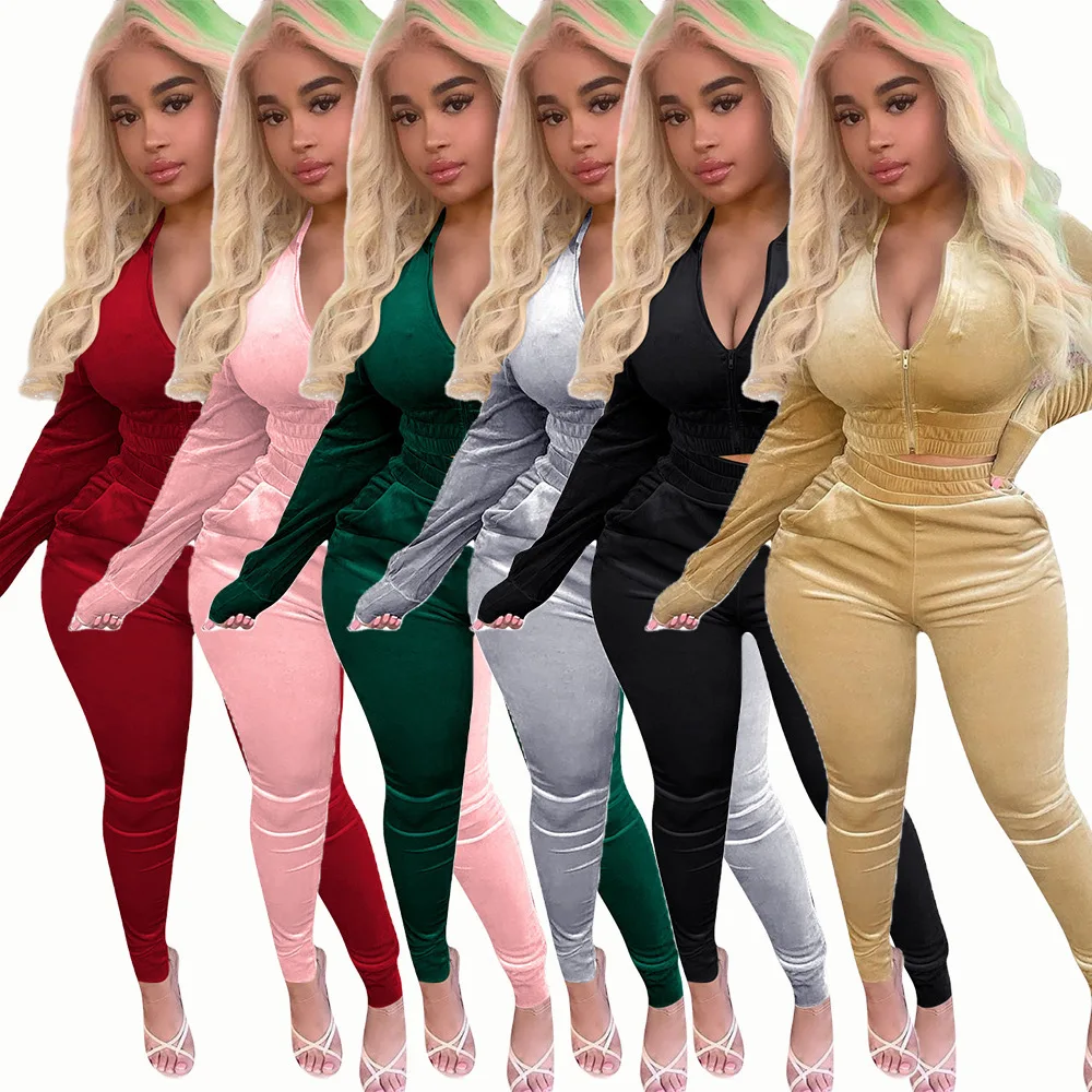 In Stock Long Sleeve Crop Top Jacket Jogger Sweatsuit Velour Tracksuit Velvet Two Piece Pants Set Fall 2021 Women Clothes