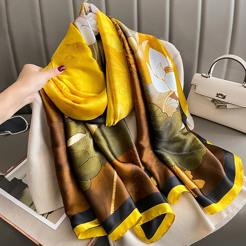 2023 Hot Sell New Fashion Floral Printed Silk Head Scarf Shawl Muslim Women Elegant Flower Print Silk Scarves Soft Long Hijabs