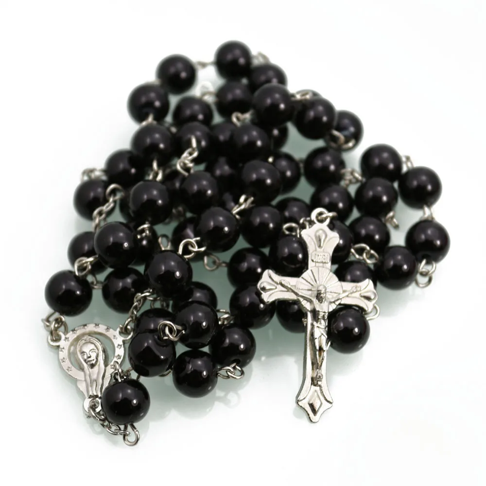 Wholesale Factory Direct 8mm Rosary Pearl Beads Cross Religious Jesus Necklace