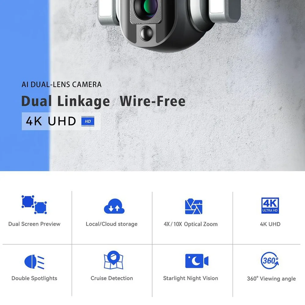 TUYXCIE Ultra HD 4k SIM Solar Camera AI Trail Outdoor 10x Optical Zoom Security Camera PTZ Network Camera Color Night Vision