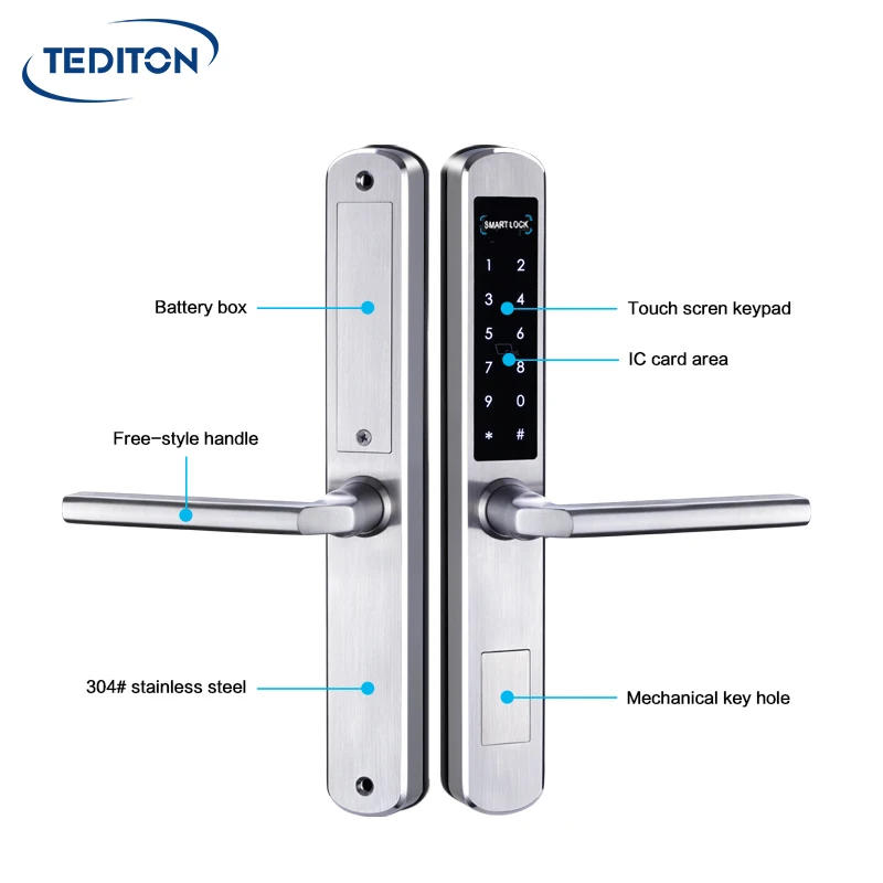 Tediton Waterproof Round Handle Tuya Smart Aluminum Fingerprint Sliding Glass Door Lock