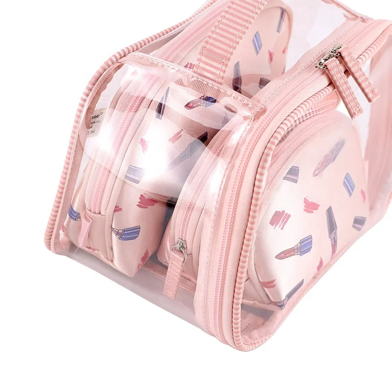 BSCI ISO Sedex FAMA GenuineFull Page Printing Pink Makeup Organizers 4 Set Transparent Waterproof Clear Cosmetic Organizers Bags
