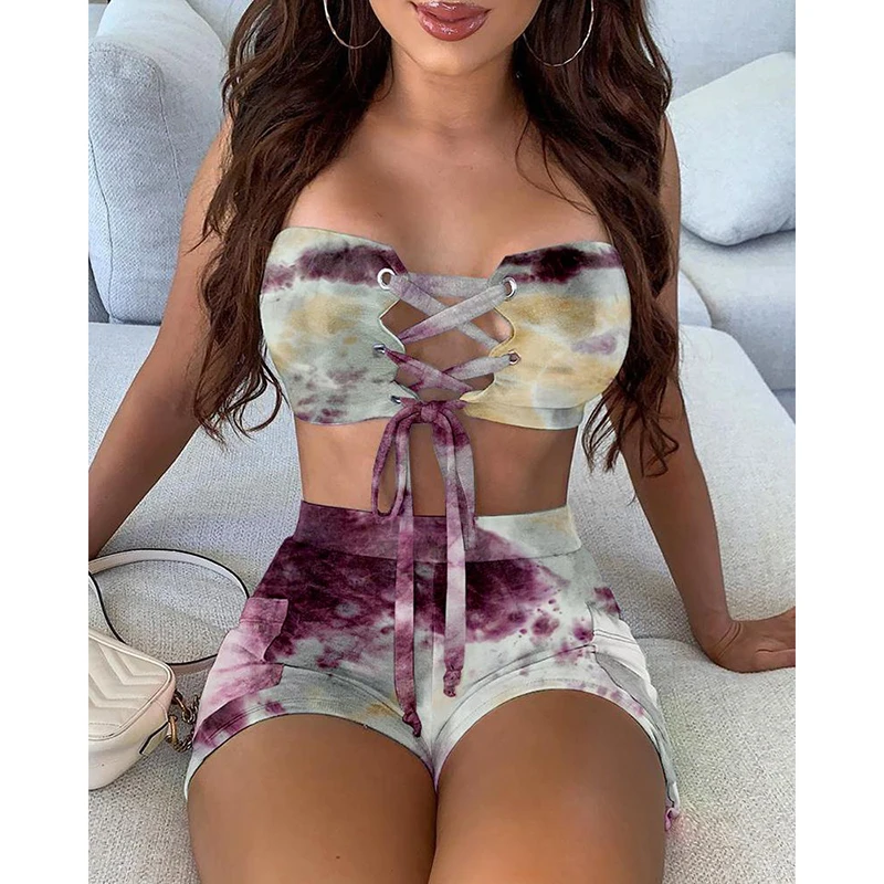 
Summer 2 Piece Matching Sets Women Tie Dye Crop Top Shorts Casual Solid Two Pieces Outfits 